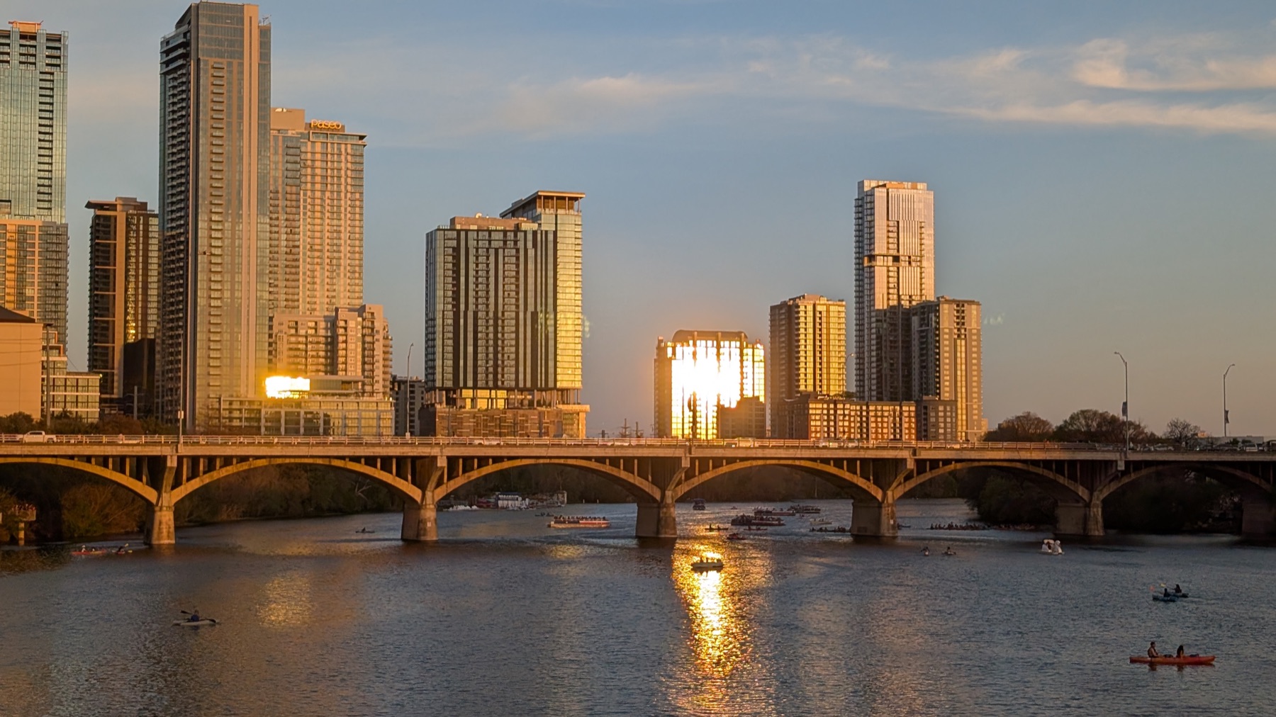 Austin, Texas skyline at sunset over Lady Bird Lake