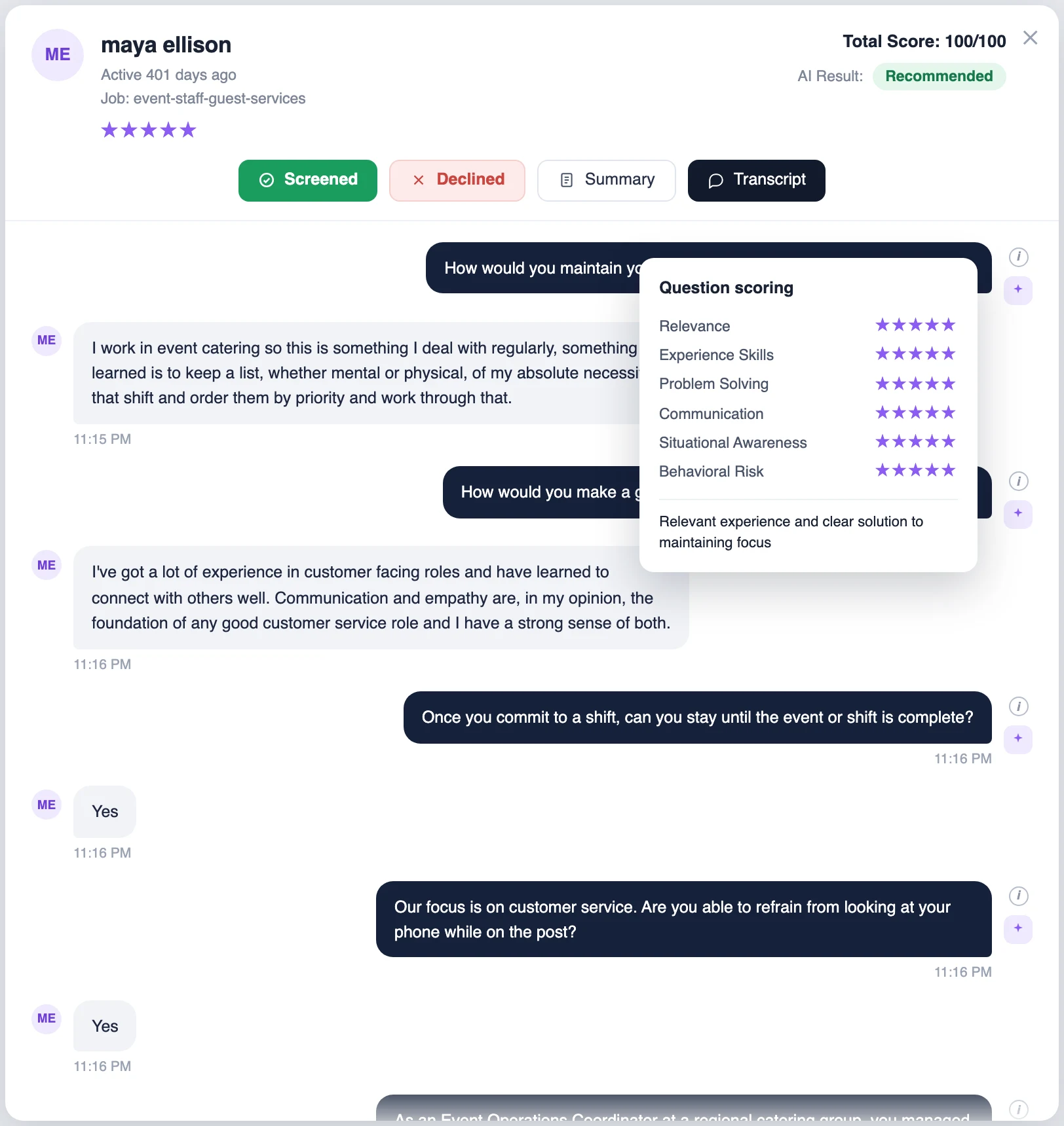 AI screening transcript: an applicant interview scored 100 out of 100 across six criteria, with the reasoning behind each score shown