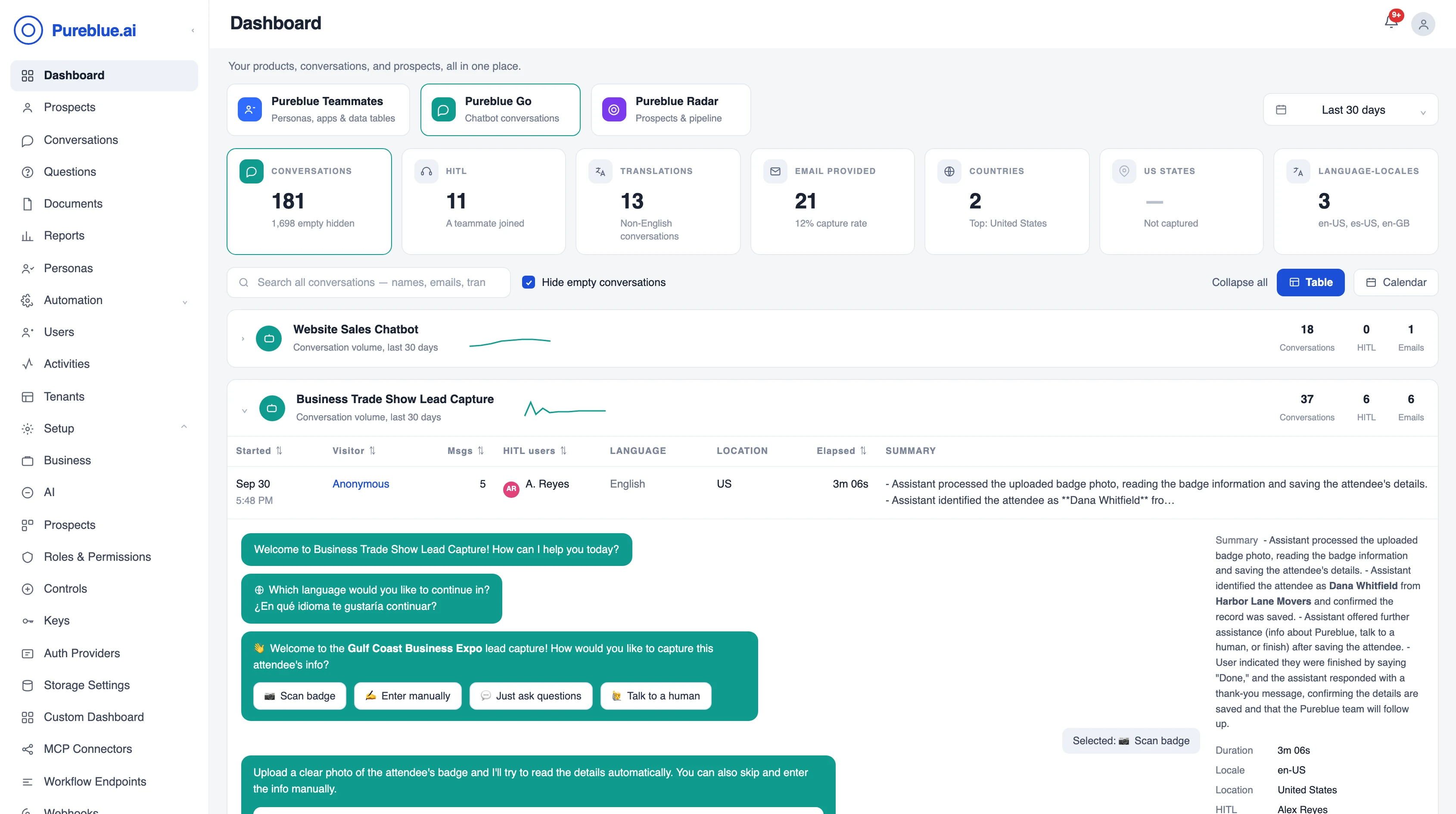 Conversational lead capture dashboard: trade show chatbot conversations with badge scanning, human handoff, and auto-written summaries